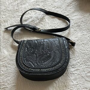 Black Embossed Leather Crossbody Bag with Stud Trim